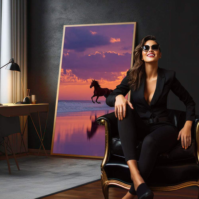 Quadro Decorativo Cavalos ao Entardecer | quadros decorativos para sala | Cavalo em silhueta galopando na praia ao entardecer com reflexo perfeito na água molhada | em Quadros para Sala | Porao dos Quadros