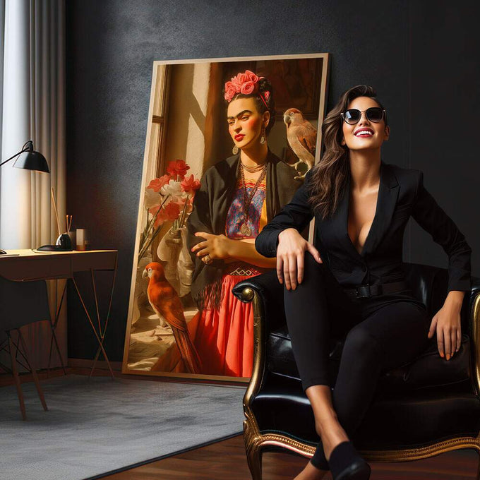 Quadro Decorativo - Frida Kahlo A Essência da Emoção | quadros decorativos para sala | Mulher elegante com flores vermelhas nos cabelos cercada por pássaros e rosas em tons dourados | em Quadros para Sala | Porao dos Quadros