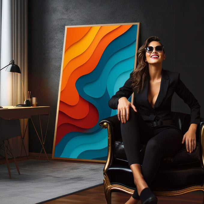 Quadro Decorativo Abstrato Vibrante | quadros decorativos para sala | Ondas abstratas em papel recortado laranja, vermelho e azul turquesa em composição fluida e dinâmica. | em Quadros para Sala | Porao dos Quadros