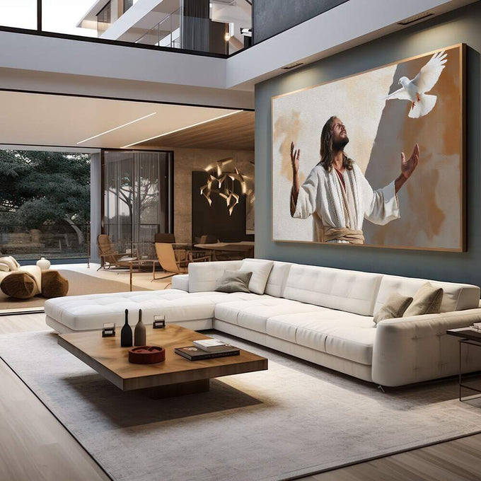 Quadro Decorativo Espiritual de Serenidade e Acolhimento | quadros decorativos para sala | Figura religiosa em vestes claras com pomba branca ascendendo em tons bege e branco. | em Quadros para Sala | Porao dos Quadros