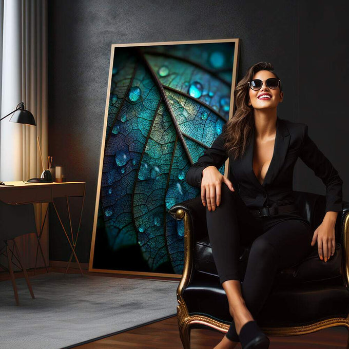 Quadro Decorativo Folhas Azuis e Verdes | quadros decorativos para sala | Folha turquesa translúcida com gotas de orvalho brilhante e iluminação focal | em Quadros para Sala | Porao dos Quadros