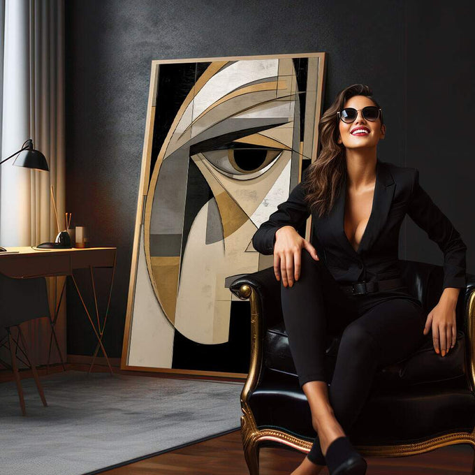 Quadro Decorativo Minimalista Olhar Enigmático | quadros decorativos para sala | Rosto abstrato geométrico em preto, branco e dourado com olho em destaque. | em Quadros para Sala | Porao dos Quadros