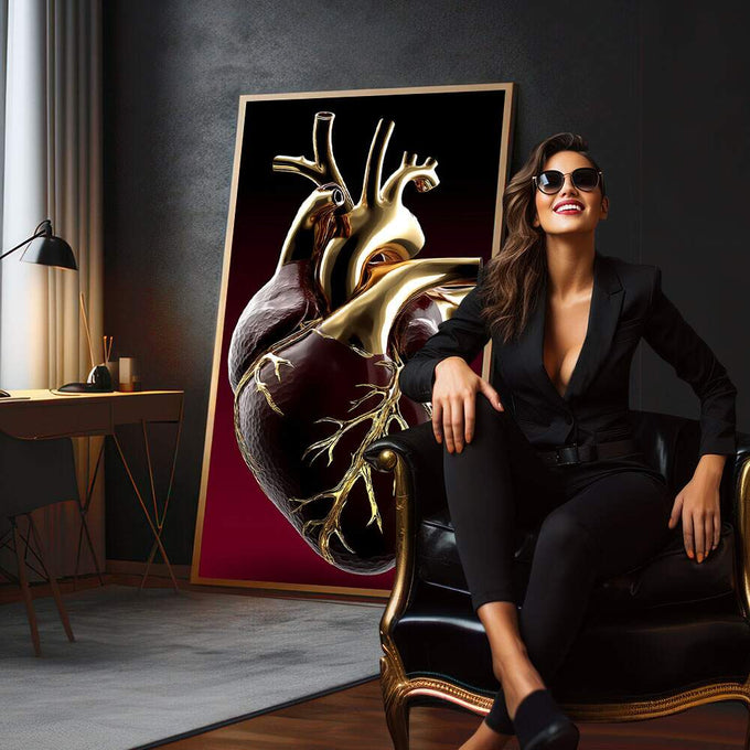 Quadro Decorativo Elegante Coração da Paixão | quadros decorativos para sala | Coração anatômico em dourado com detalhes precisos sobre fundo vinho profundo | em Quadros para Sala | Porao dos Quadros