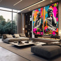 Quadro Decorativo Clássico e Vibrante | quadros decorativos para sala | Dois bustos clássicos gregos em cinza sobre fundo vibrante com cores pop art magenta, azul, laranja e amarelo. | em Quadros para Sala | Porao dos Quadros