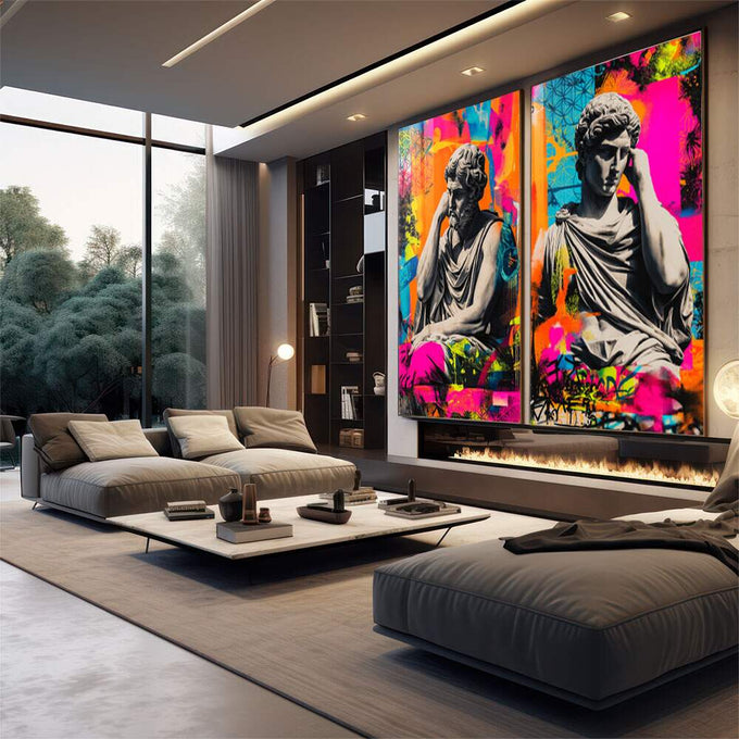 Quadro Decorativo Clássico e Vibrante | quadros decorativos para sala | Dois bustos clássicos gregos em cinza sobre fundo vibrante com cores pop art magenta, azul, laranja e amarelo. | em Quadros para Sala | Porao dos Quadros