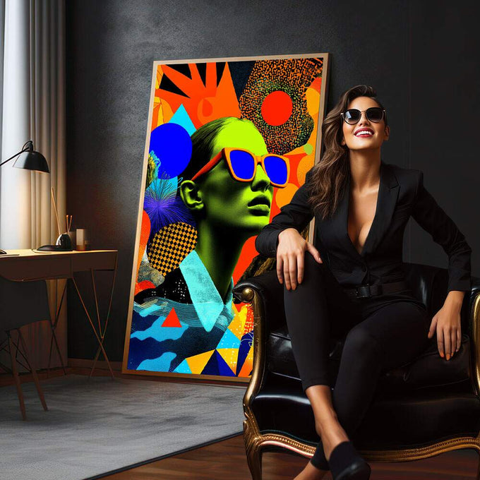 Quadro Decorativo Liberdade em Cores: Moderno Vibrante | quadros decorativos para sala | Mulher com óculos neon em composição pop art colorida com formas geométricas vibrantes | em Quadros para Sala | Porao dos Quadros
