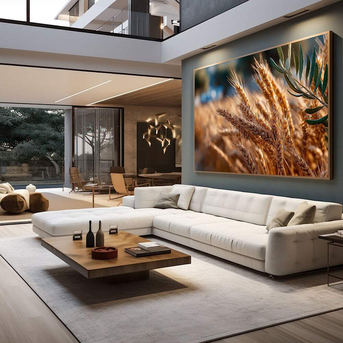 Quadro Decorativo Campo Dourado | quadros decorativos para sala | Trigo dourado iluminado ao amanhecer com céu azul em composição fotográfica detalhada | em Quadros para Sala | Porao dos Quadros