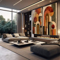 Quadro Decorativo Harmonia Acolhedora | quadros decorativos para sala | Dois quadros com formas geométricas abstratas em laranja, bege e marrom com círculos e arcos. | em Quadros para Sala | Porao dos Quadros