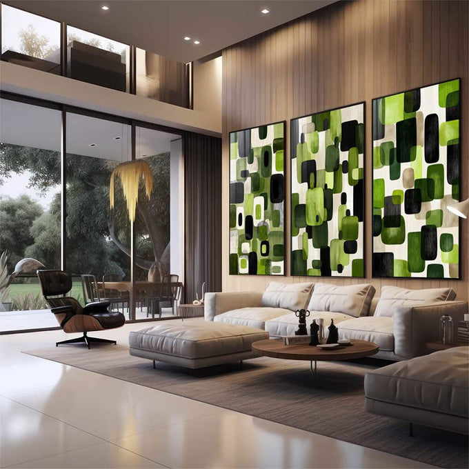 Quadro Decorativo Geométrico em Verde | quadros decorativos para sala | Três telas com composição geométrica de formas arredondadas em verde vibrante, preto e branco com textura tecida. | em Quadros para Sala | Porao dos Quadros