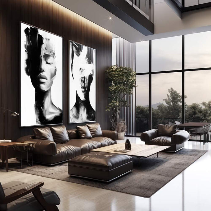 Quadro Decorativo Dualidade em Preto e Branco | quadros decorativos para sala | Dois retratos abstratos em preto e branco com pinceladas expressivas dissolvendo os rostos. | em Quadros para Sala | Porao dos Quadros