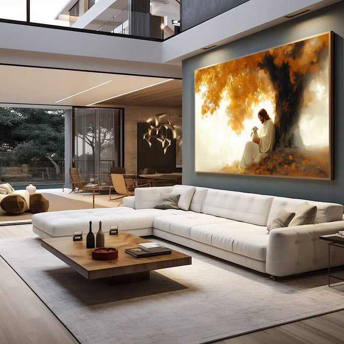 Quadro Decorativo Serenidade em Cores | quadros decorativos para sala | Mulher contemplativa sob árvore com folhas douradas em tons quentes e brancos | em Quadros para Sala | Porao dos Quadros