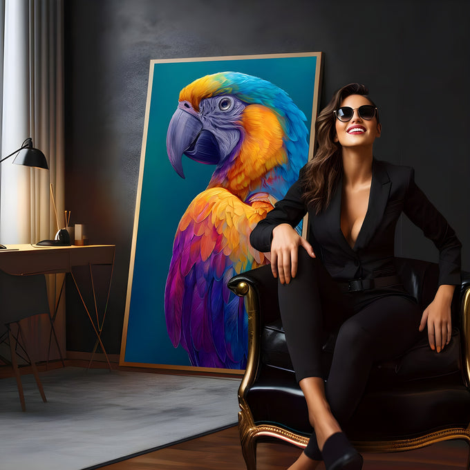 Arara de perfil com penas azuis, amarelas, laranja e roxas sobre fundo azul-petróleo, quadro decorativo