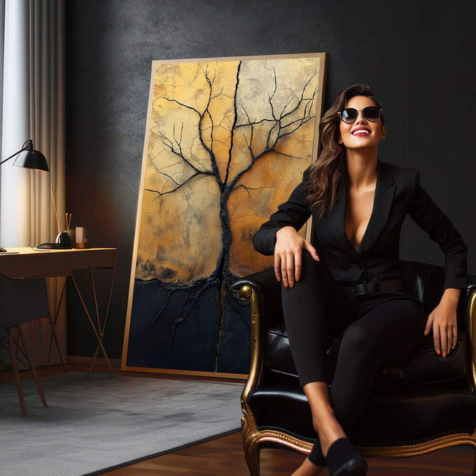 Quadro Decorativo Tronco de Esperança | quadros decorativos para sala | Árvore seca com raízes profundas em tons de dourado e preto sobre fundo texturizado. | em Quadros para Sala | Porao dos Quadros
