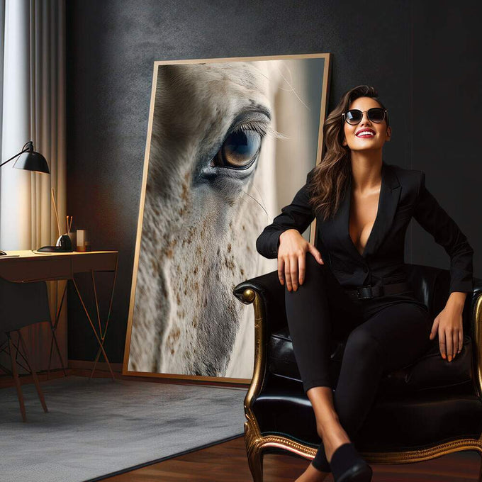 Quadro Decorativo Olhar do Cavalo | quadros decorativos para sala | Rosto em preto e branco com iluminação lateral dramática destacando texturas e contraste | em Quadros para Sala | Porao dos Quadros