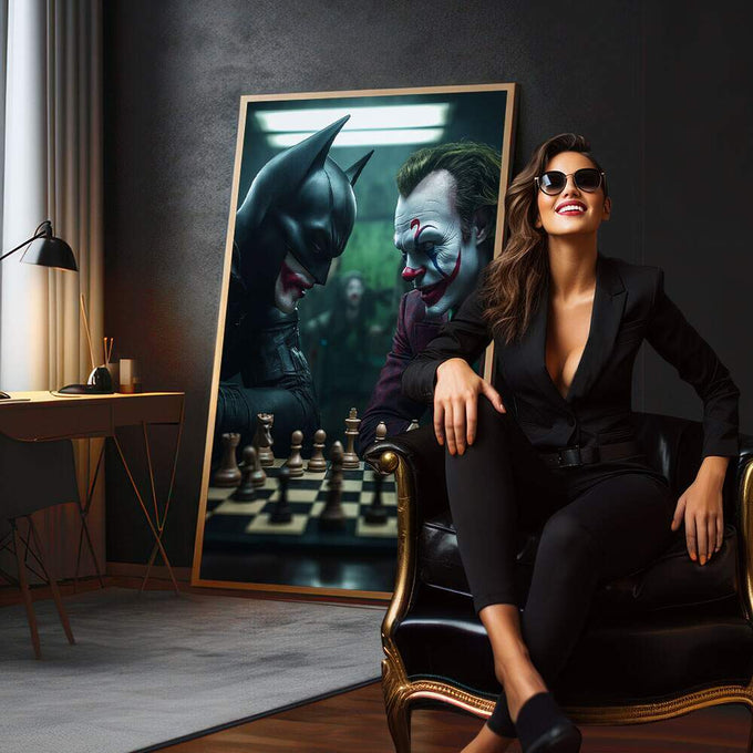 Quadro Decorativo Morcego vs Palhaço Épico | quadros decorativos para sala | Dois personagens em confronto sobre tabuleiro de xadrez em tons verdes e pretos | em Quadros para Sala | Porao dos Quadros