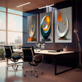 Conjunto Abstrato de Quadros Fluídos - Movimento e Elegância em 3 Peças | quadros decorativos para sala | Três painéis abstratos com formas ovais e anéis brilhantes em laranja, azul e branco | em Quadros para Sala | Porao dos Quadros