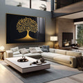 Quadro Decorativo Árvore da Vida em Dourado  Beleza e Simbologia | quadros decorativos para sala | Árvore com folhas douradas radiantes e raízes profundas em fundo preto minimalista | em Quadros para Sala | Porao dos Quadros