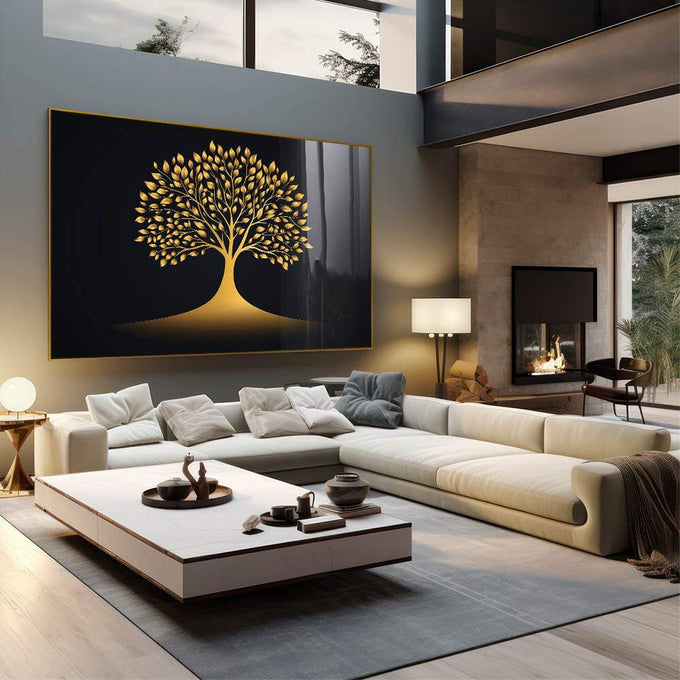 Quadro Decorativo Árvore da Vida em Dourado  Beleza e Simbologia | quadros decorativos para sala | Árvore com folhas douradas radiantes e raízes profundas em fundo preto minimalista | em Quadros para Sala | Porao dos Quadros