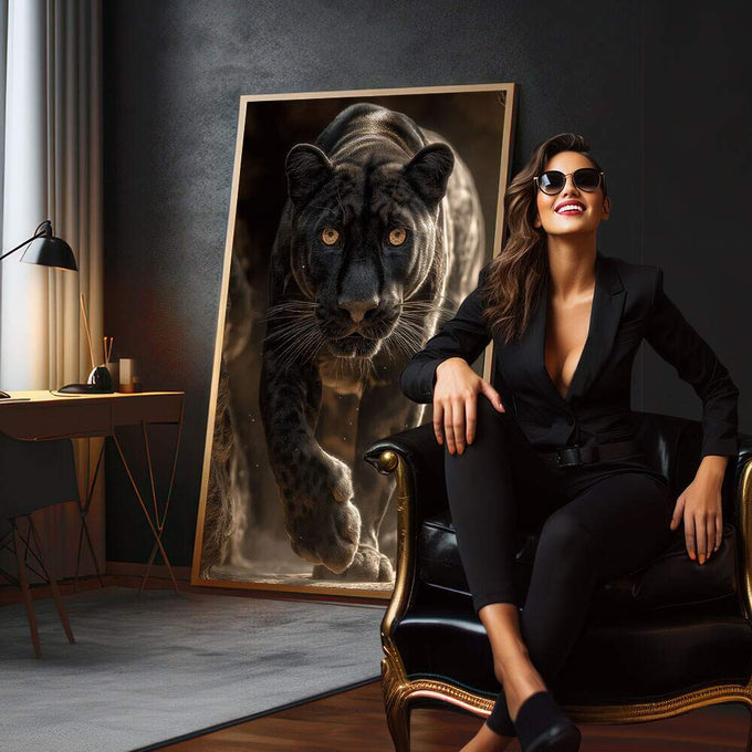 Quadro Decorativo Onça Negra Majestosa | quadros decorativos para sala | Rinoceronte em tons sépia com iluminação dramática em composição fotográfica realista. | em Quadros para Sala | Porao dos Quadros