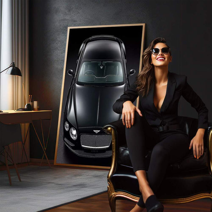 Quadro Decorativo Carro Luxo - Elegância em Preto | quadros decorativos para sala | Bentley preto em vista superior com detalhe dos cromados e luz dramática. | em Quadros para Sala | Porao dos Quadros