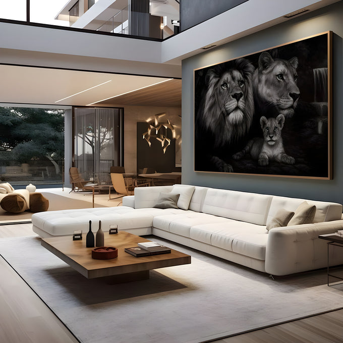 Leão, leoa e filhote em preto e branco sobre fundo escuro, arte realista, quadro decorativo