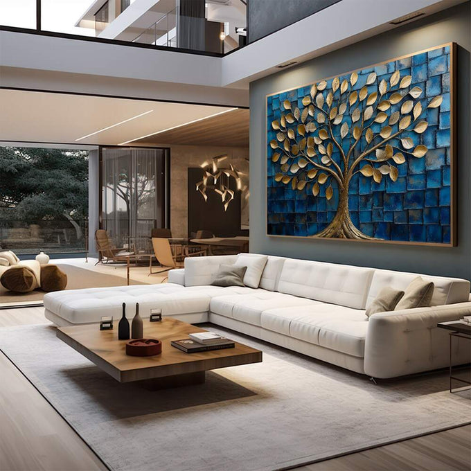 Quadro Decorativo Árvore Dourada em Azul Profundo | quadros decorativos para sala | Árvore com folhas douradas luminosas em fundo azul estruturado e texturizado | em Quadros para Sala | Porao dos Quadros