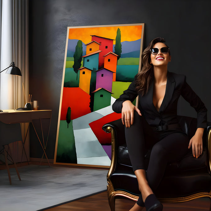 Casas coloridas empilhadas em colina com ciprestes e campos vermelhos e verdes, quadro decorativo