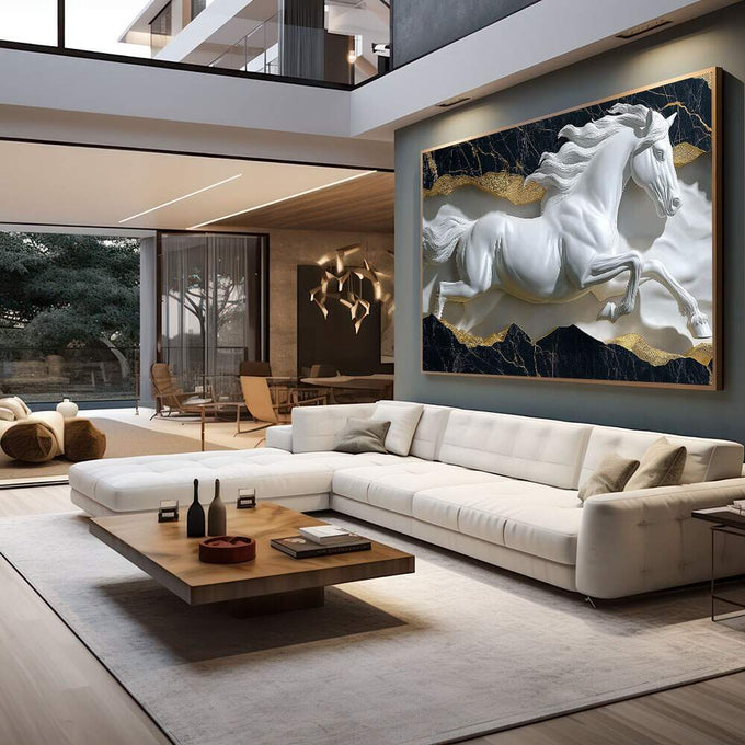 Quadro Decorativo Escultura de Cavalo Branco em Movimento | quadros decorativos para sala | Cavalo branco em relevo galopando com detalhes dourados sobre fundo de mármore preto | em Quadros para Sala | Porao dos Quadros