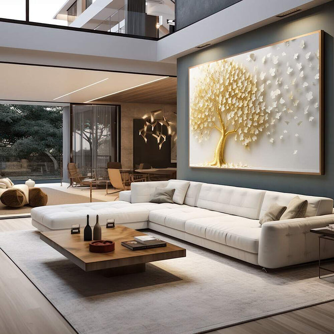 Quadro Decorativo Árvore Dourada | quadros decorativos para sala | Árvore com tronco dourado e folhas em relevo branco em composição majestosa | em Quadros para Sala | Porao dos Quadros