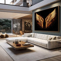 Quadro Decorativo Asas Douradas Elegantes | quadros decorativos para sala | Asas douradas incandescentes em chamas com efeito luminoso sobre fundo preto absoluto | em Quadros para Sala | Porao dos Quadros