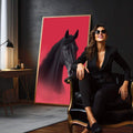 Quadro Decorativo Cavalo Negro Vibrante | quadros decorativos para sala | Cavalo preto em perfil com crina volumosa em fundo vermelho vibrante com degradê. | em Quadros para Sala | Porao dos Quadros