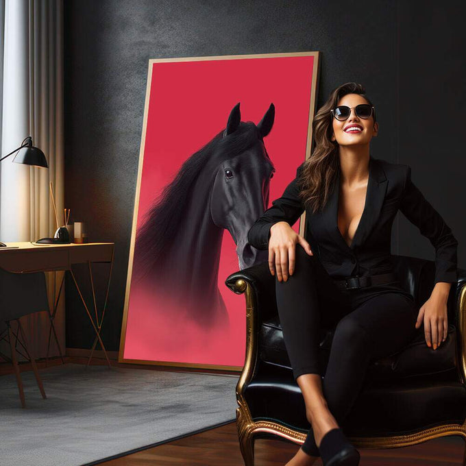 Quadro Decorativo Cavalo Negro Vibrante | quadros decorativos para sala | Cavalo preto em perfil com crina volumosa em fundo vermelho vibrante com degradê. | em Quadros para Sala | Porao dos Quadros