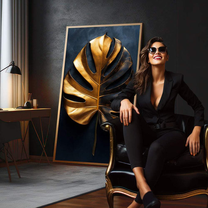 Quadro Decorativo Folha de Monstera Dourada | quadros decorativos para sala | Folha monstera em dourado luminoso com recortes característicos sobre fundo azul profundo. | em Quadros para Sala | Porao dos Quadros