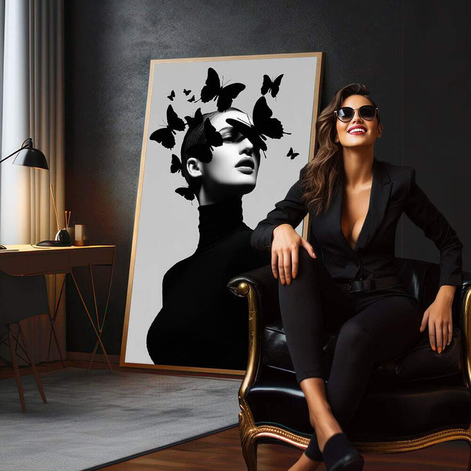 Quadro Decorativo Minimalista com Borboletas | quadros decorativos para sala | Silhueta feminina em preto com borboletas em voo sobre a cabeça em composição vertical. | em Quadros para Sala | Porao dos Quadros