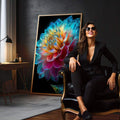 Quadro Decorativo Dália Colorida | quadros decorativos para sala | Dália colorida com efeito neon luminoso em tons azul, rosa, amarelo e turquesa com fundo preto | em Quadros para Sala | Porao dos Quadros