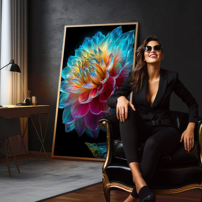 Quadro Decorativo Dália Colorida | quadros decorativos para sala | Dália colorida com efeito neon luminoso em tons azul, rosa, amarelo e turquesa com fundo preto | em Quadros para Sala | Porao dos Quadros