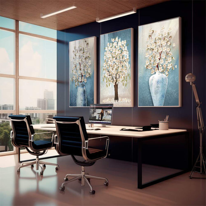 Quadro Decorativo Serenidade Azul Pastel: Flores e Árvores | quadros decorativos para sala | Triptco com árvore florida e pétalas brancas em tons azul, creme e branco com movimento e delicadeza. | em Quadros para Sala | Porao dos Quadros