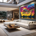 Quadro Decorativo Pôr do Sol Encantado | quadros decorativos para sala | Pôr do sol com árvores silhuetadas em rosa, magenta, amarelo e azul vibrantes | em Quadros para Sala | Porao dos Quadros
