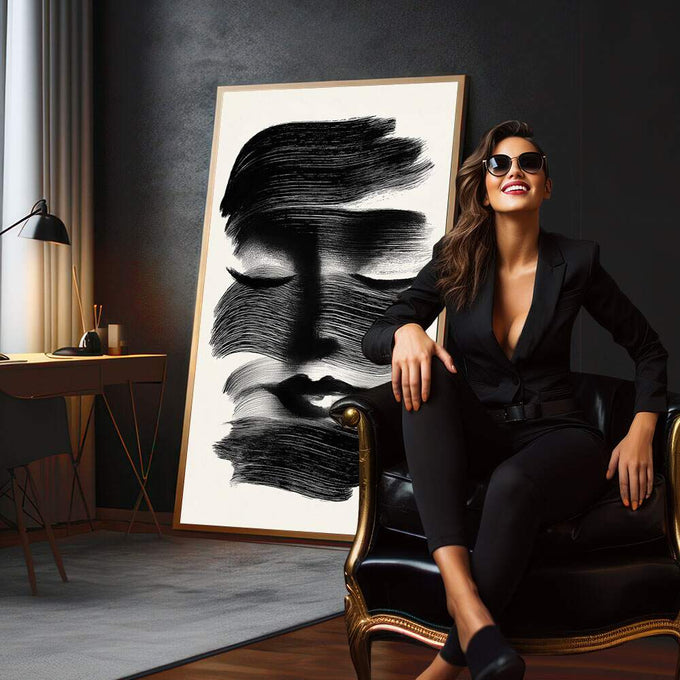 Quadro Decorativo Minimalista Preto e Branco | quadros decorativos para sala | Rosto abstrato em traços pretos expressivos sobre fundo branco luminoso com composição gestual. | em Quadros para Sala | Porao dos Quadros