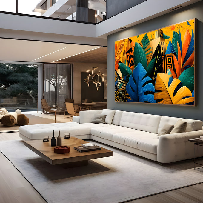 Folhas tropicais azuis, verdes e amarelas com prédios estilizados em fundo amarelo, quadro decorativo