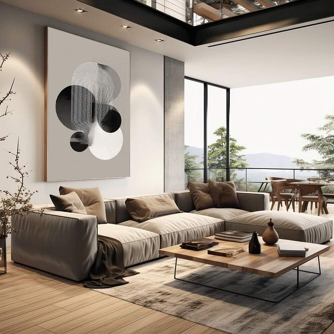 Quadro Decorativo Moderno Geométrico | quadros decorativos | Composição abstrata com linhas circulares concêntricas em preto, branco e bege em movimento vertical. | em Quadros para Escritorio | Porao dos Quadros
