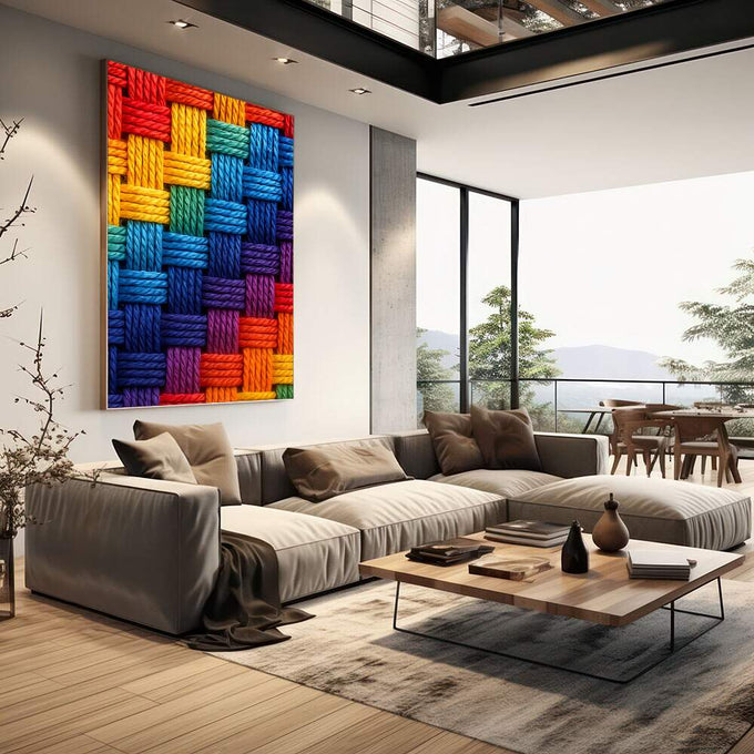 Quadro Decorativo Cores Vibrantes para Alegrar | quadros decorativos | Blocos de corda coloridos em padrão geométrico entrelaçado com textura em relevo. | em Quadros para Escritorio | Porao dos Quadros