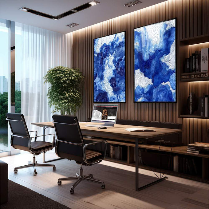 Quadro Decorativo Onda da Serenidade - Aquarela em Tons de Azul | quadros decorativos | Padrão abstrato em azul profundo e branco com linhas concêntricas fluidas e movimento contínuo | em Quadros para Escritorio | Porao dos Quadros