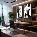 Quadro Decorativo Dualidade em Preto e Branco | quadros decorativos | Dois retratos abstratos em preto e branco com pinceladas expressivas dissolvendo os rostos. | em Quadros para Escritorio | Porao dos Quadros