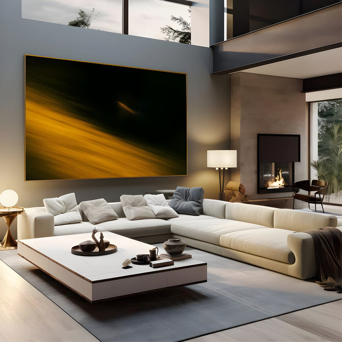 Abstrato de luz dourada em movimento diagonal com pequeno feixe âmbar sobre fundo preto, quadro decorativo