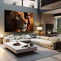 Quadro Decorativo Majestoso: Leão e Jesus Cristo | quadros decorativos | Homem e leão em sobreposição com coroa de espinhos, iluminados em tons dourados e marrom quente. | em Quadros para Escritorio | Porao dos Quadros