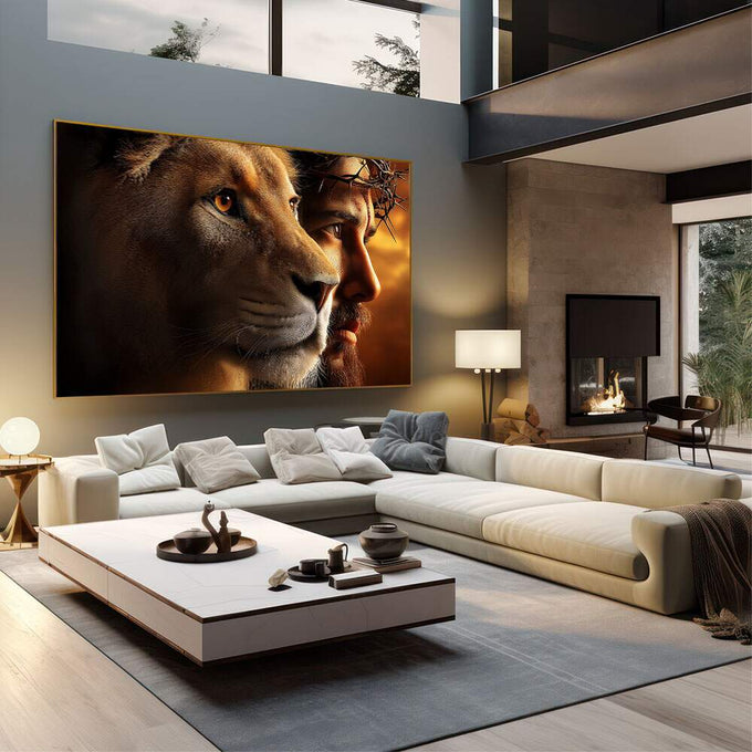 Quadro Decorativo Majestoso: Leão e Jesus Cristo | quadros decorativos | Homem e leão em sobreposição com coroa de espinhos, iluminados em tons dourados e marrom quente. | em Quadros para Escritorio | Porao dos Quadros