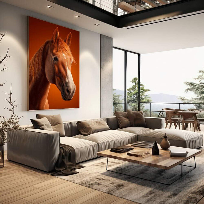 Quadro Decorativo Cavalo em Cores Vibrantes | quadros decorativos | Cavalo marrom em retrato fotográfico com fundo laranja intenso e olhar direto | em Quadros para Escritorio | Porao dos Quadros