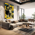 Quadro Decorativo Reflexos da Alma Feminina | quadros decorativos | Mulher com flores, borboletas e blocos geométricos em amarelo, azul e preto | em Quadros para Escritorio | Porao dos Quadros