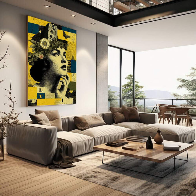 Quadro Decorativo Reflexos da Alma Feminina | quadros decorativos | Mulher com flores, borboletas e blocos geométricos em amarelo, azul e preto | em Quadros para Escritorio | Porao dos Quadros